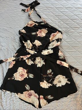 SHEIN Black Halter Floral Romper with Blush Rose Accents